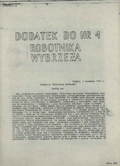 Dodatek do nr 4 Robotnika Wybrzeża, Gdańsk, 9 września 1979 r. str. 1