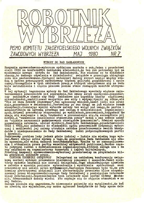 Strona tytułowa: Robotnik Wybrzeża nr 7 z maja 1980 r.