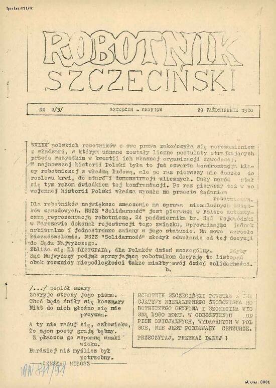 Strona tytułowa: Robotnik szczeciński nr 2(3) z 29 październik 1980 r.