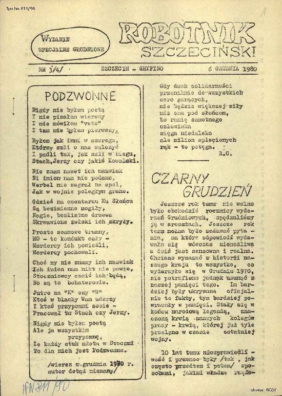 Strona tytułowa: Robotnik szczeciński nr 3(4) z 6 grudnia 1980 r.