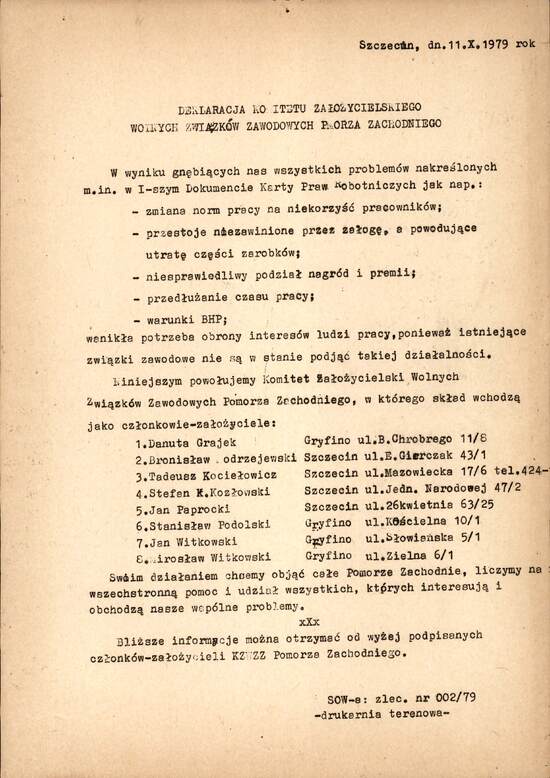 Deklaracja Komitetu Założycielskiego Wolnych Związków Zawodowych Pomorza Zachodniego z dn. 11 X 1979 r.